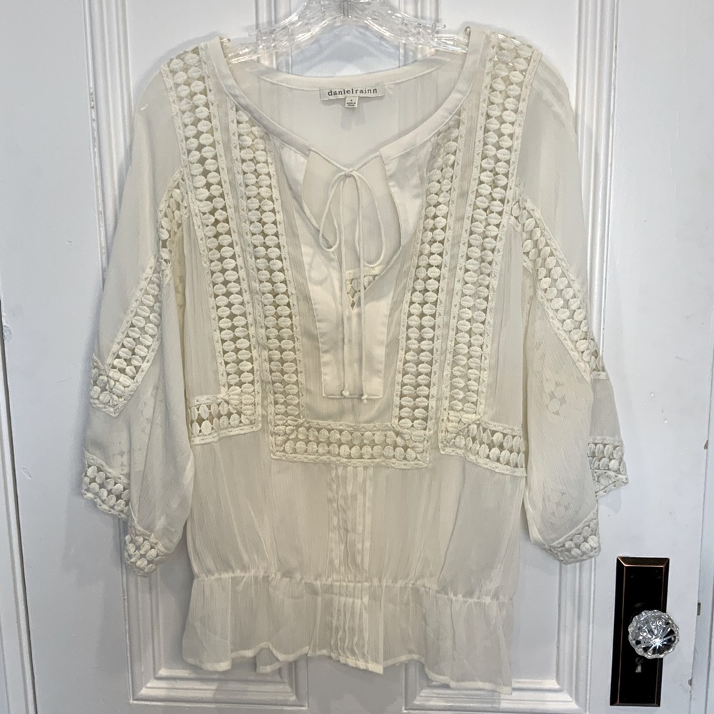 Daniel Rain Bohemian Sheer V Neck Tie Blouse with Embroidered Accents - Size S
